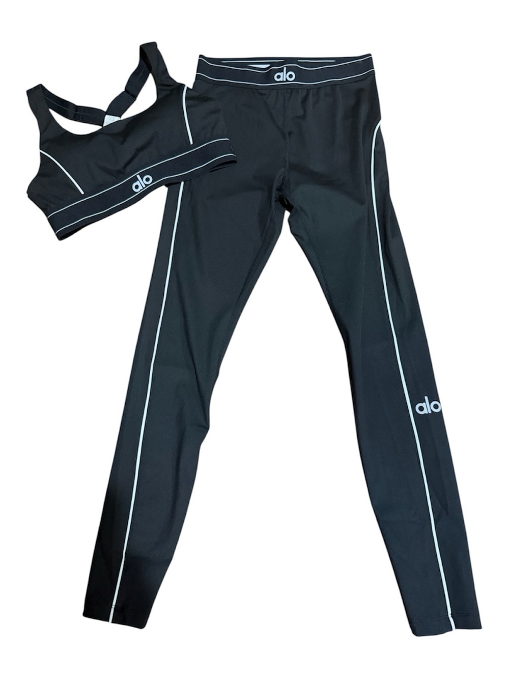 Alo Black Leggings & Sports Bra Set with White Piping